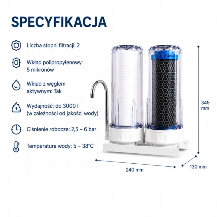 Filtr do wody na kran dwustopniowy PP + węgiel aktywny Do kranu w kuchni